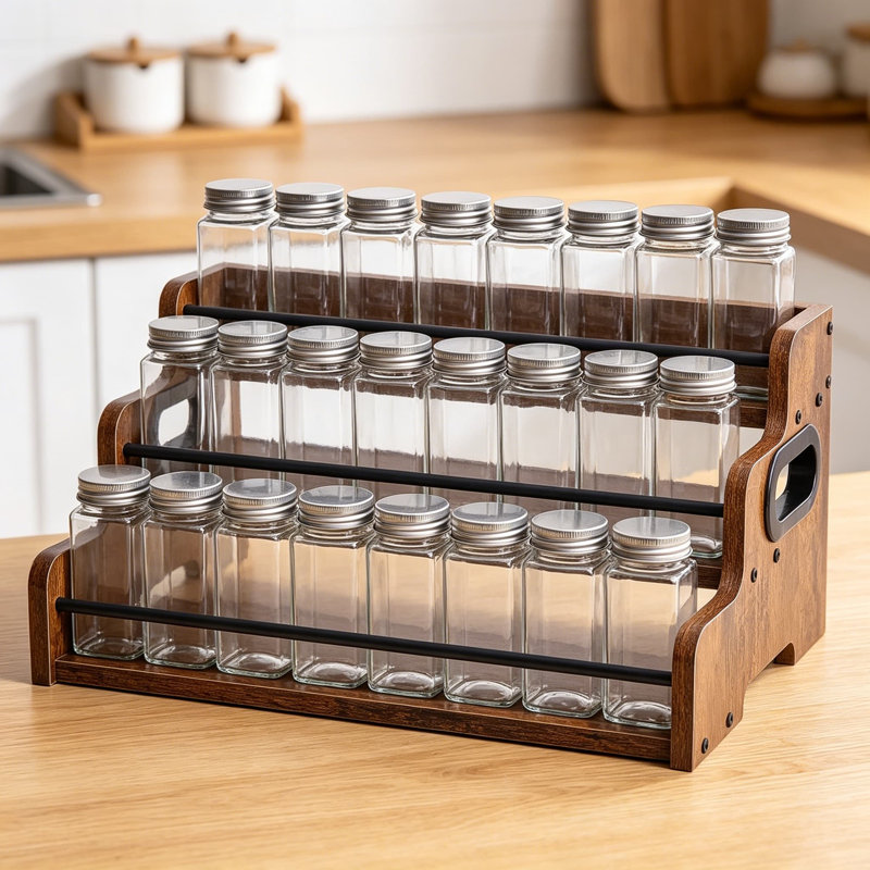 Étagère à épices en bois à 3 niveaux pour armoire et comptoir, étagère à épices robuste pour bouteilles, bocaux et assaisonnements de cuisine