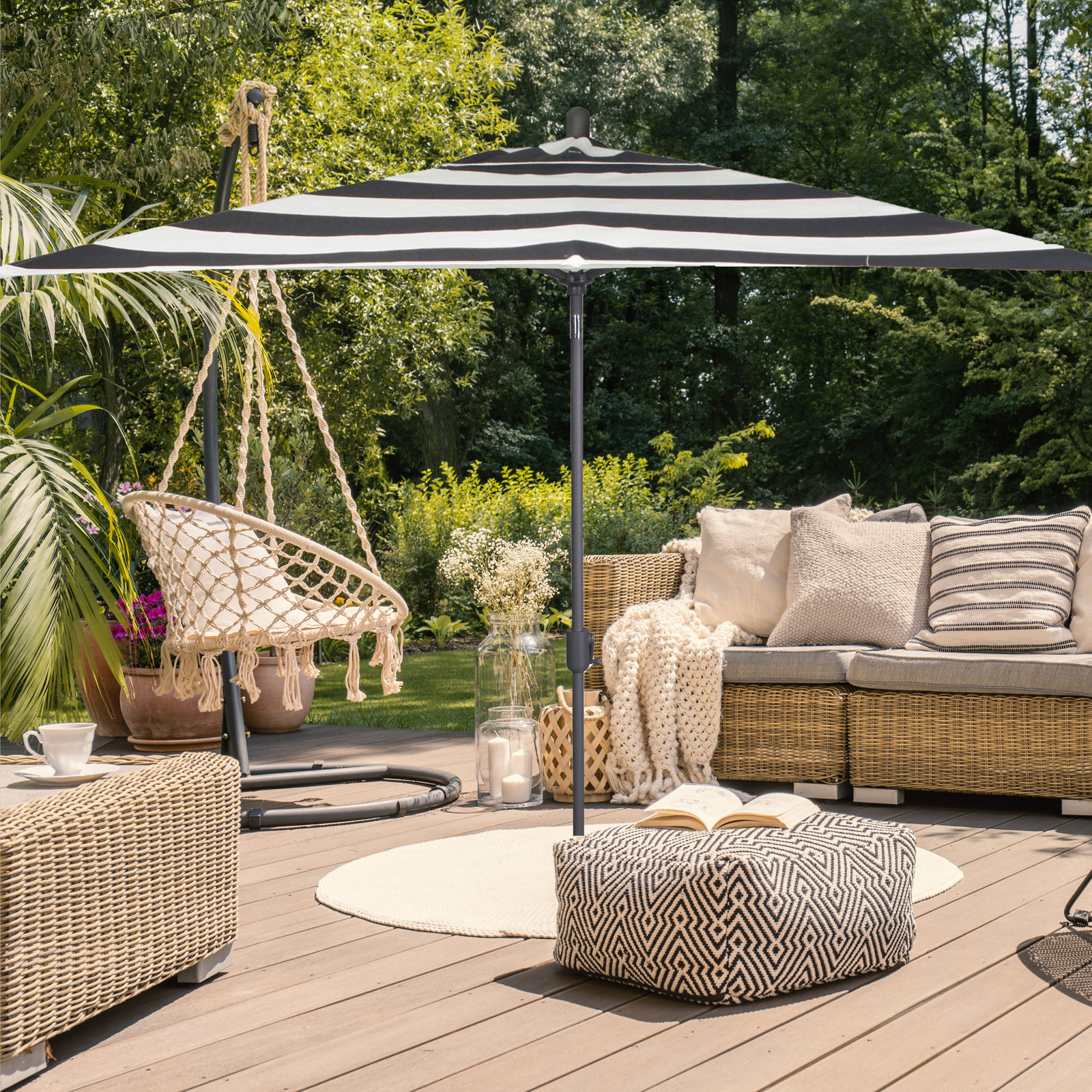 Olivier 116.7'' Outdoor Umbrella, Starring Gray, Black Stripe Sunbrella®