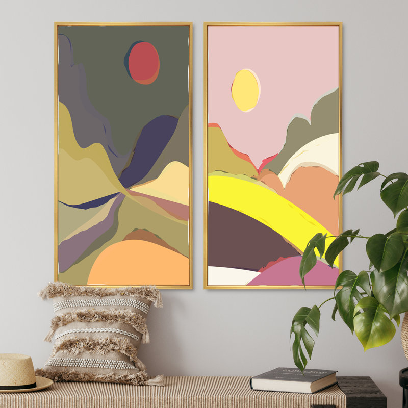 «Full Moon Mountain Retro Landscape II», ensemble de 2 peintures, H 32 po x l 32 po x P 1 po, Cadre doré