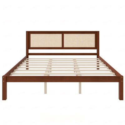 King Size Solid Wood Platform Bed Frame with Rattan Headboard, Farmhouse Cane Panel Bed, Under Bed Storage Clearance, No Box Spring Needed, Sturdy Support Legs