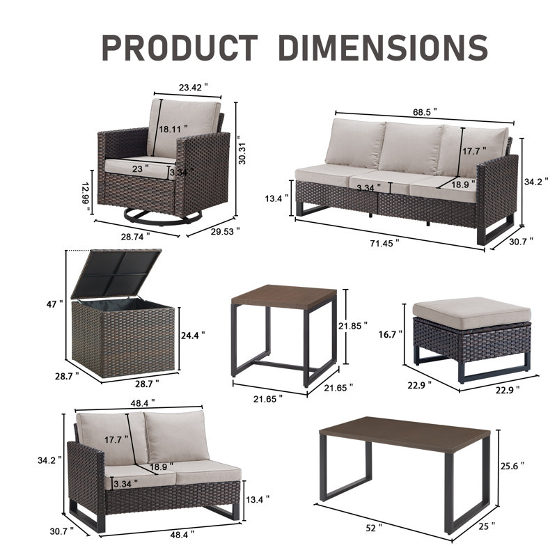Ensemble de conversation d'extérieur en osier 7-9 personnes avec chaises pivotantes et table basse Ingvald, Beige