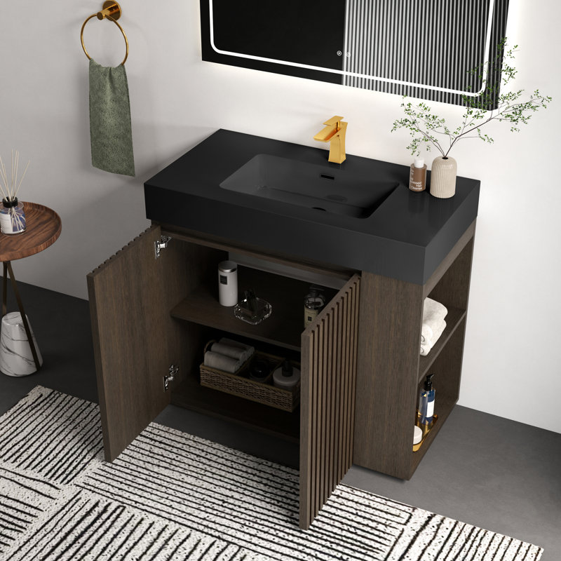 Meuble-lavabo de 36 po avec lattes en chêne fumé, grande capacité de rangement, surface imperméable, assemblage Kd, grain facile à installer, cuve en quartz noir, ajustement intérieur multi-styles, contreplaqué de catégorie E1, doux