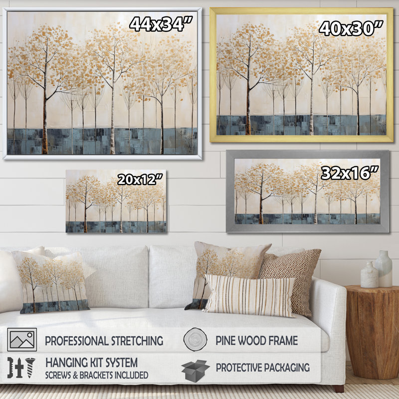 Minimalisme, scène d'arbres bleus et or I sur toile, H 34 po x l 44 po x P 1,5 po, Cadre simple blanc
