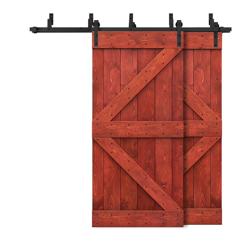 Porte de grange à panneaux et en bois avec quincaillerie d'installation, 56 po x 84 po, Rouge cerise