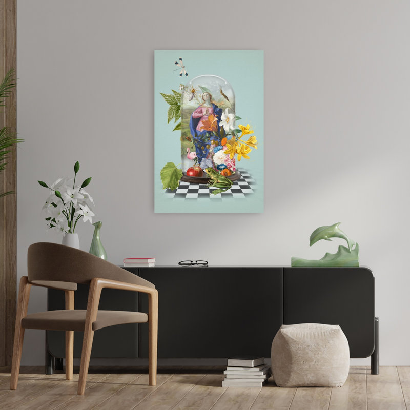 Whimsical Botanical Cloche Serene Surreal Vibrant Dragonfly Flamingo Frog Nature Flower Wall Art Print by Marja Van Den - Wrapped Canvas Print