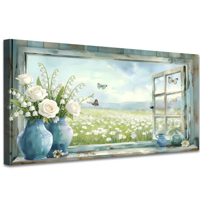 «Cherry Blossom Window View», reproduction d'art sur toile panoramique 2: 1 avec fleurs roses et papillons
