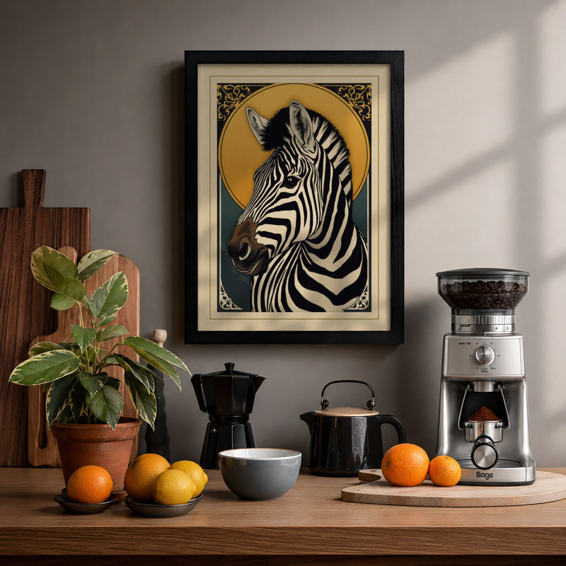 Zebra in Gold Circle Art Deco - Framed Print, A4 - 29.7 x 21.0 cm, Black