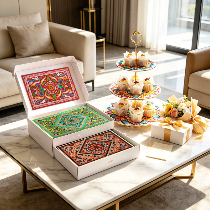 Ensemble de table Vibrant Folk Diamond, ensemble de 4 napperons et support à pâtisserie à 3 niveaux