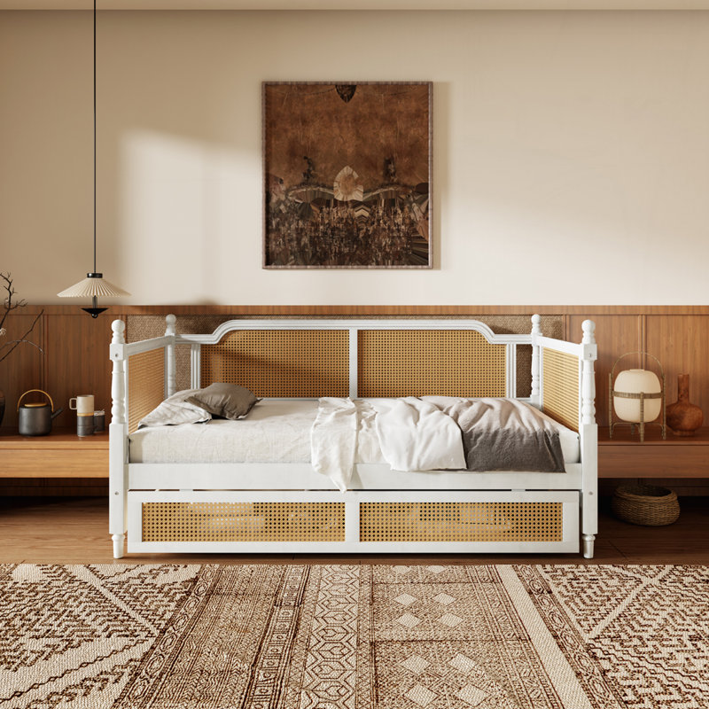Rattan Daybed with 2 Drawers for Limited Space, Twin, Antique White