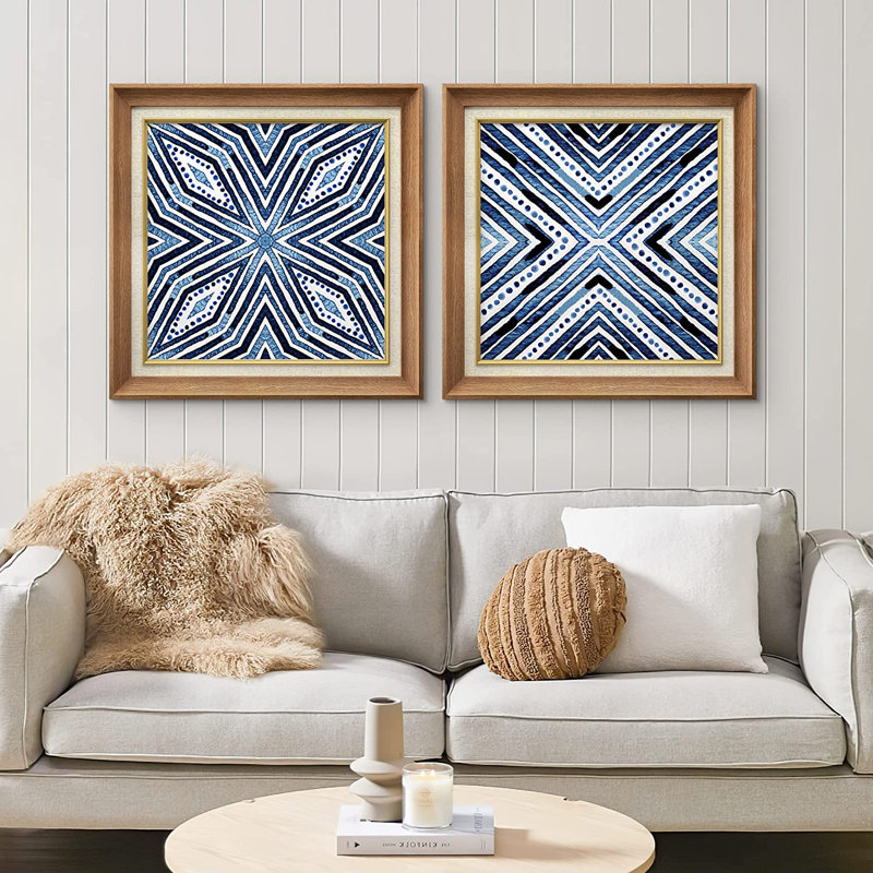 «Blue Pastel Watercolor Diamond», ensemble de 2 peintures sur toile encadrées, Naturel