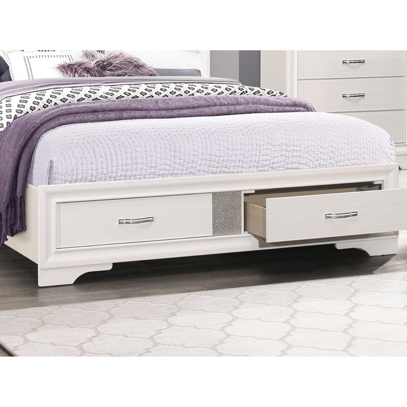 Grand lit plateforme moderne blanc glamour avec tête de lit et tiroirs de rangement rembourrés en similicuir, paillettes argentées, cadre en bois, tête de lit, rangement des tiroirs, décorations, meubles