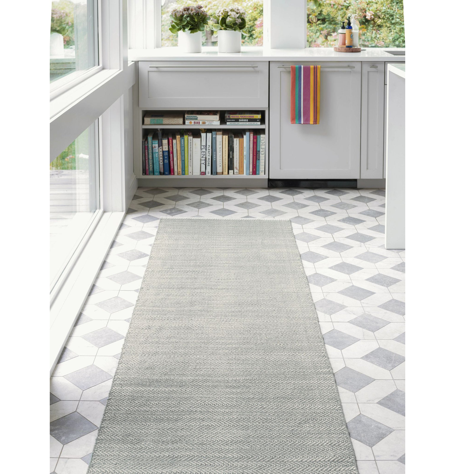 Herringbone Swedish Blue Hand-Woven Cotton Rug, Runner 2'6" x 8', Slate Gray
