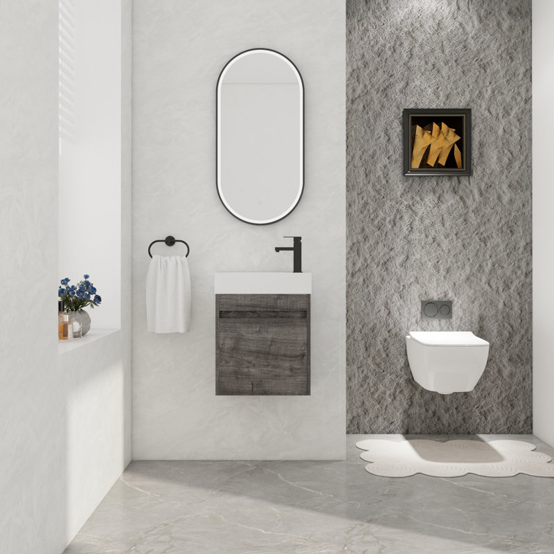 Meuble-lavabo flottant mural, Chêne gris carreauté