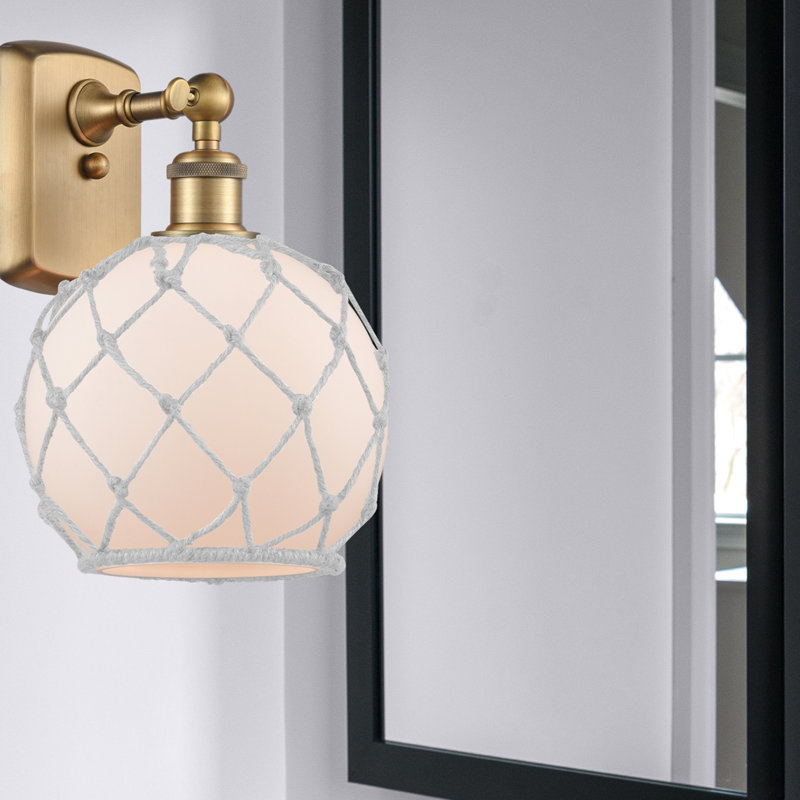 Larocque Armed Sconce, 6 Watt Vinage LED Bulb, White with Brown Rope, Brushed Brass
