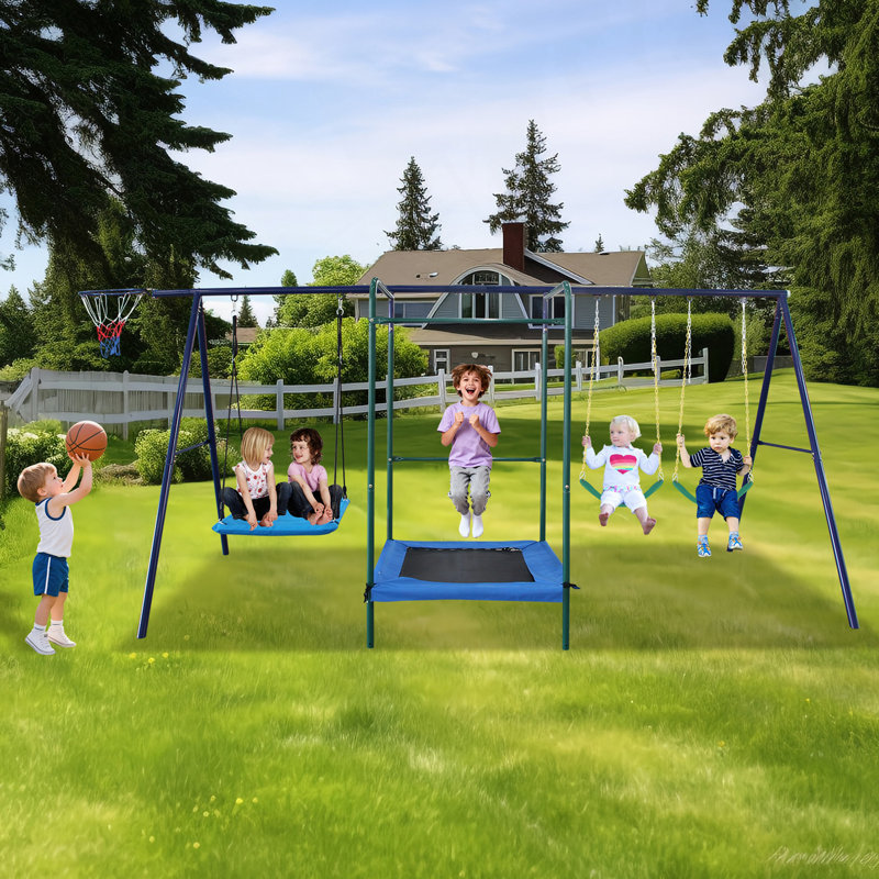 Portique 4 en 1 avec portique, hamac, trampoline et panier de basketball