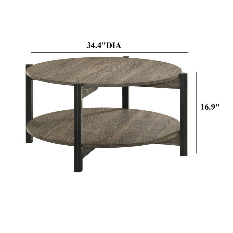 Table basse transitionnelle ronde avec tablette ouverte, meubles en bois d'ingénierie gris foncé et pieds en métal pour le salon