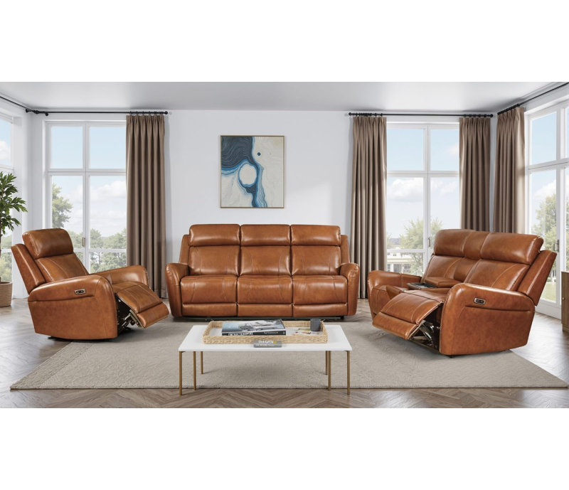 Canapé inclinable électrique deux places en cuir véritable, couleur caramel, L 71 po