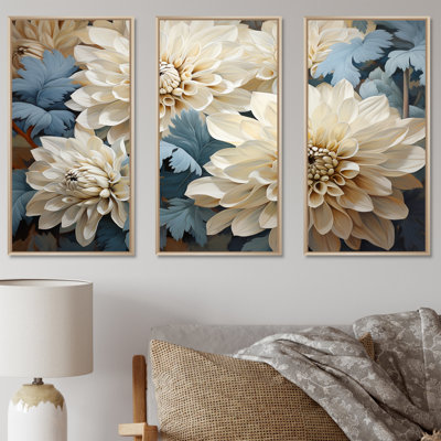 «Chrysanthemums White Blue Mosaic Garden II - Chrysanthemums», ensemble d'art sur toile