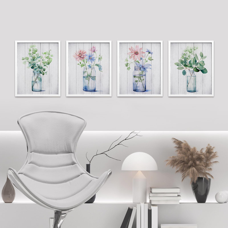 Fleurs sauvages dans les vases, plantes botaniques florales, impression sur papier, 4 pièces, Blanc, H 10 po x l 8 po