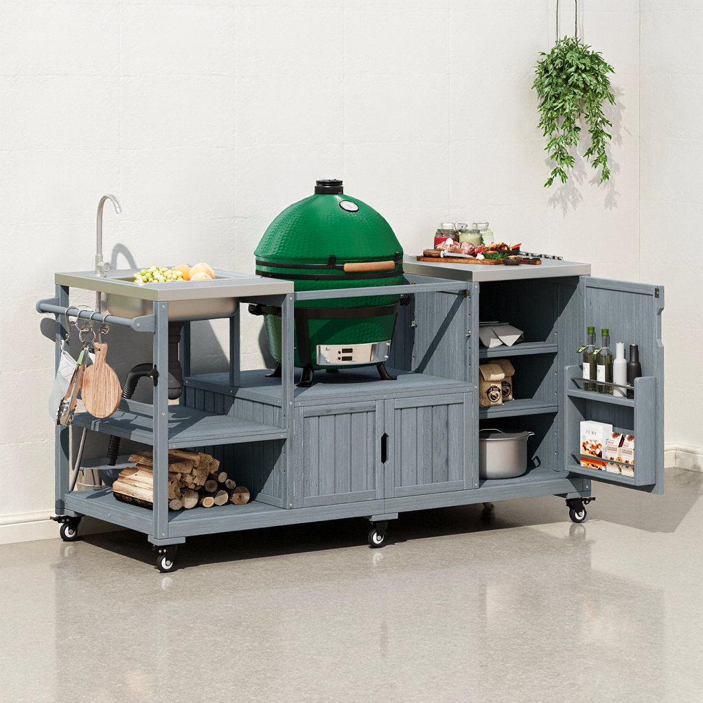 Latitude Run® 75.4” Outdoor Kitchen Island with Sink, Solid Wood Grill ...