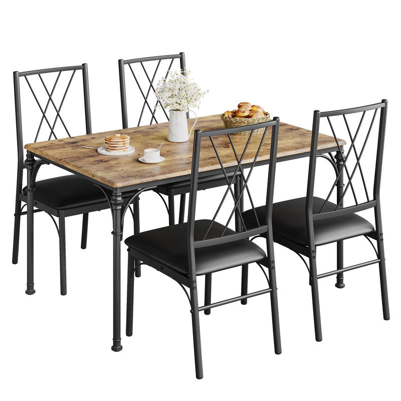 Ensemble de table de cuisine rustique 5 pièces pour 4 personnes, table de salle à manger compacte avec chaises rembourrées pour petits appartements et studios