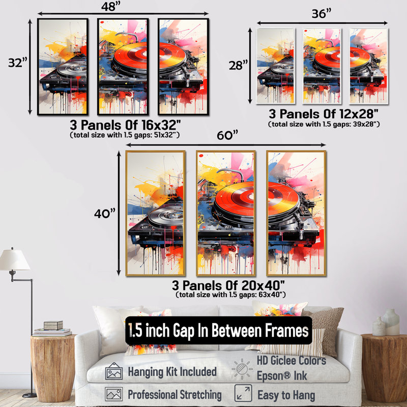 Pop Art DJ Turntables III - Platines et boîtes murales, H 28 po x l 36 po, Cadre flottant noir
