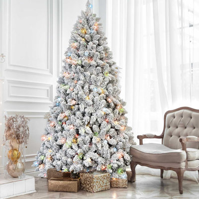 Arbre de Noël 4 pi avec 150 lumières colorées UL et 21 pommes de pin naturelles - 366 pointes en PVC enneigées, branches articulées, support en métal stable, installation facile