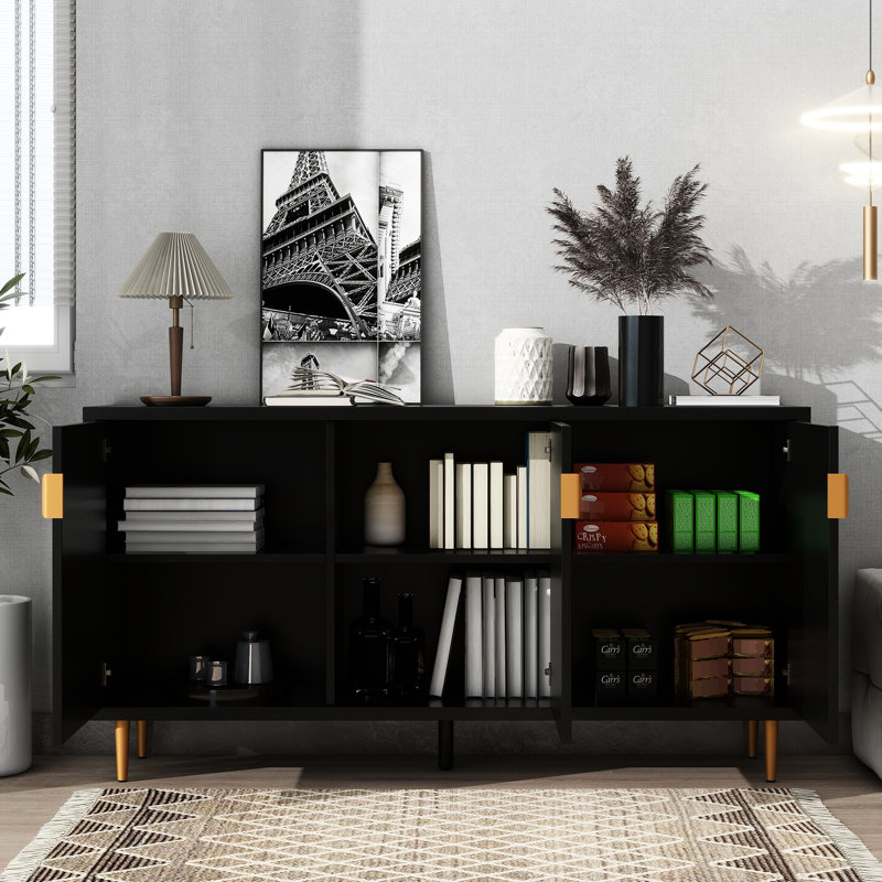 Meuble télé de salon, noir, 3 portes et tablettes réglables, s'adapte parfaitement aux téléviseurs de 70 po, Noir