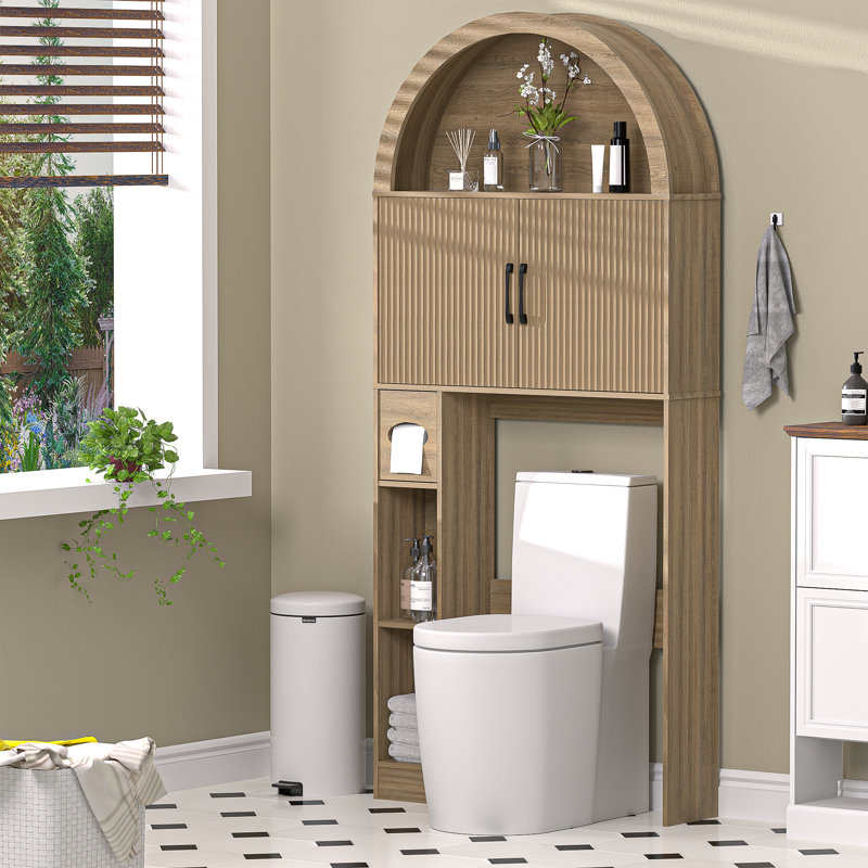 AHB Over The Toilet Storage Cabinet, Freestanding Bathroom Organizer with Adjustable Shelf and Anti-Tip Device, Arched Cabinet with Doors, Space-Saving Toilet Storage for Bathroom, Laundry, Mini Bar