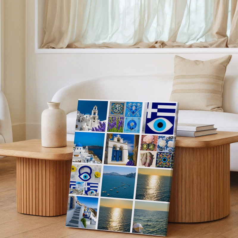 Toile Un collage vibrant mettant en vedette des éléments emblématiques de Santorini, en Grèce, mettant en vedette un mélange harmonieux de teintes bleues et blanches