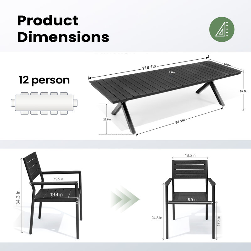 12 - Person 118.1'' W x 40.6'' D Aluminum Outdoor Patio Dining Set with Stackable Chairs, Black