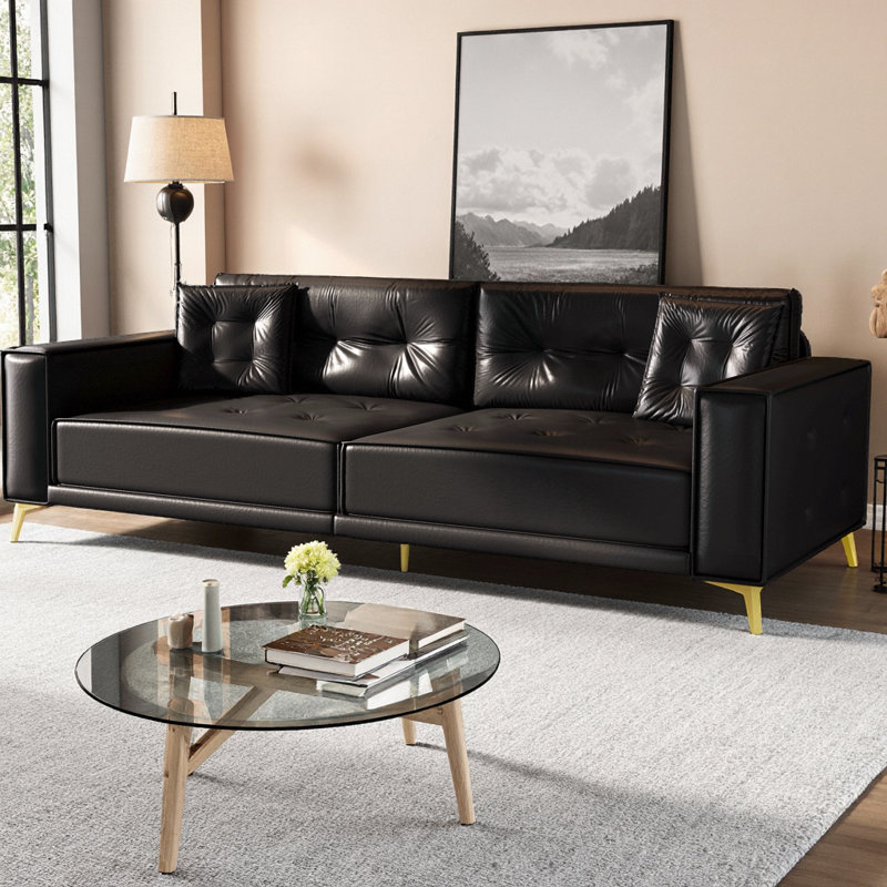 SmoothLux 92.1" King Size Pull Out Sofa Bed, 3-in-1 Faux Leather Convertible Sleeper Sofa with Tufted Design, Wide Armrests & 2 Pillows, 4-Seater Modern Couch for Living Room
