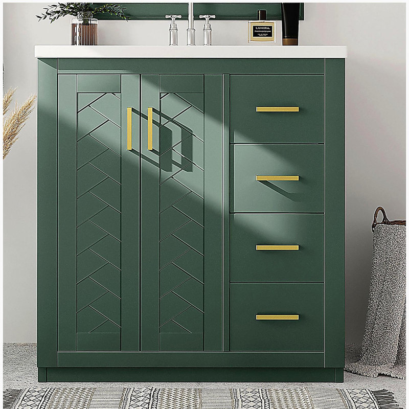 Ensemble de meuble-lavabo 30 po avec lavabo en céramique, armoire de rangement en bois massif, ensemble de meuble-lavabo autoportant avec 3 tiroirs et portes à fermeture douce