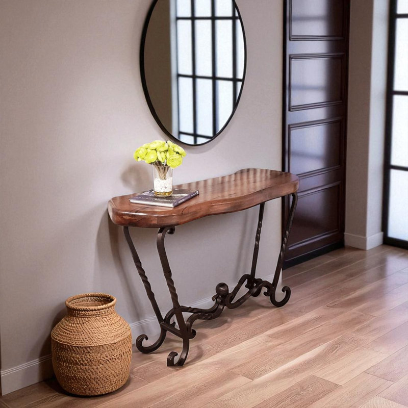 Freeform Mesquite Console Table: Handcrafted Rustic Entryway Table With Iron Base