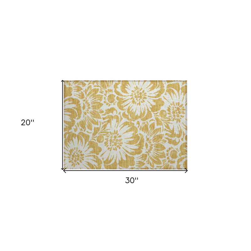 2' X 3' Gold and White Floral Washable Non Skid Indoor Outdoor Area Rug