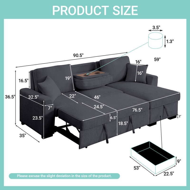 90.5" Wide Convertible Sectional Sofa Bed Chenille L-Shape Sleeper Couch with Flip-up Cup Holders & USB Ports & Storage Chaise for Living Room