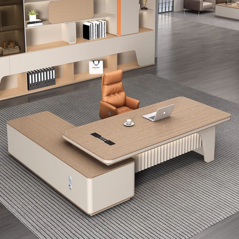 Bureau de direction en L 78,74 "de couleur naturelle et beige, 2 tiroirs avec une combinaison