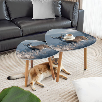 Triangle Nesting Coffee Table Set of 2 Whitetail buck deer frost fog End Table Modern Minimalist Side Table Set for Living Room Bedroom