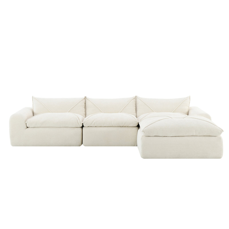 Ishmam Fully Compression Modular Boneless Sectional Sofa with Movable Ottoman, White Chenille