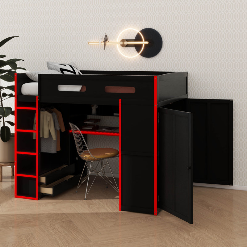 Lit mezzanine double en bois avec bureau, garde-robe, rangement spacieux et éclairage DEL, Rouge