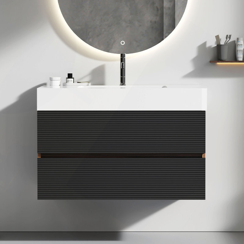 Meuble-lavabo de 36 po avec lavabo à surface solide blanc brillant et tiroirs noirs doux, meuble-lavabo mural flottant pour salle de bain moderne, lavabo une pièce sans drain et robinet