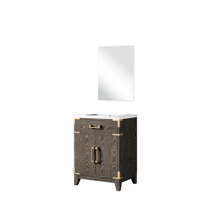 24 po L 18 po x P 18 po - Support de salle de bain en chêne brun - comptoir en acrylique et miroir inclus