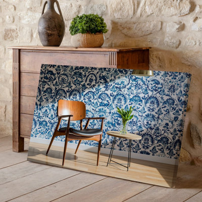 Canvas A Cozy Interior Scene Featuring A Mid Century Modern Wooden Wall Art Chair With A Black Leather Seat Positioned Against A Canvas Wall Art
