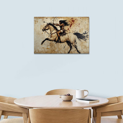 Art amérindien sur toile Warrior on Horseback Bow Arrow, reproduction d'art rétro sur toile, affiche sud-ouest pour le salon, chambre à coucher, décoration amérindienne, encadrée, 12 po x 16 po