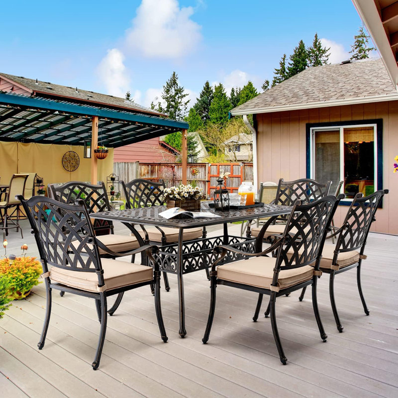 ?? ?????????? Outdoor Dining Set Cast Aluminum Retro Patio Dining Set For 6 Includes 59” Rectangular Table And 6 Chairs With Thicker Cushion And Umbrella Hole For Patio Deck Garden