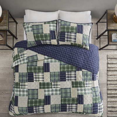 3 Piece Quilt - Reversible, Patchwork And Plaid Patterns, Soft Microfiber, Zipper Closure Shams For Warm Bedroom, Reversible With Plaid, Cotton Filling,