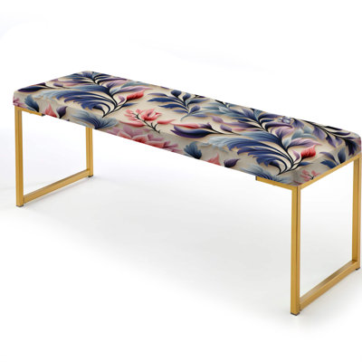 Ethnos Damask Pink And Blue Ferns - Botanical Upholstered Gold Bench