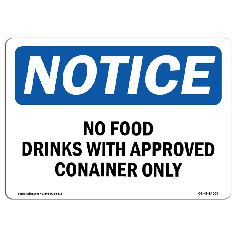 Osha avis - aucun signe de boissons alimentaires avec contenant approuvé seulement, H 12 po x l 18 po x P 0,1 po