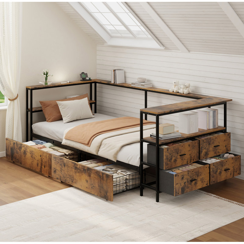 Cadre de lit simple d'angle Structure de lit plateforme simple en métal avec tiroirs de rangement Lit de jour simple pour enfants et adolescents, cadre de lit pour enfants, noir