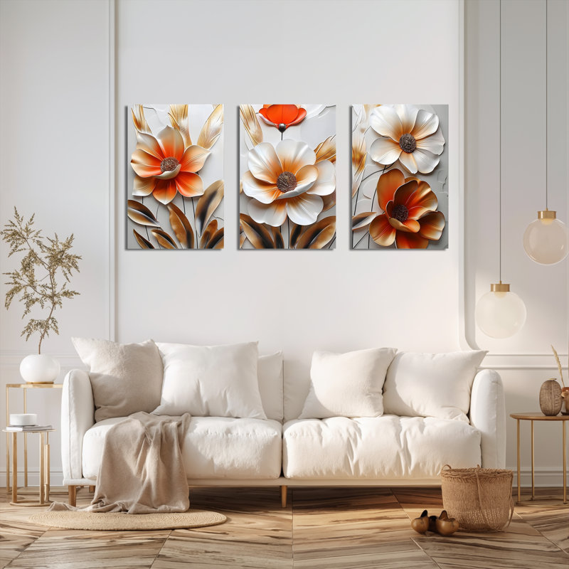 Abstrait floral sur toile tendue, reproduction de peinture à l'huile (ensemble de 3), H 24 po x l 48 po